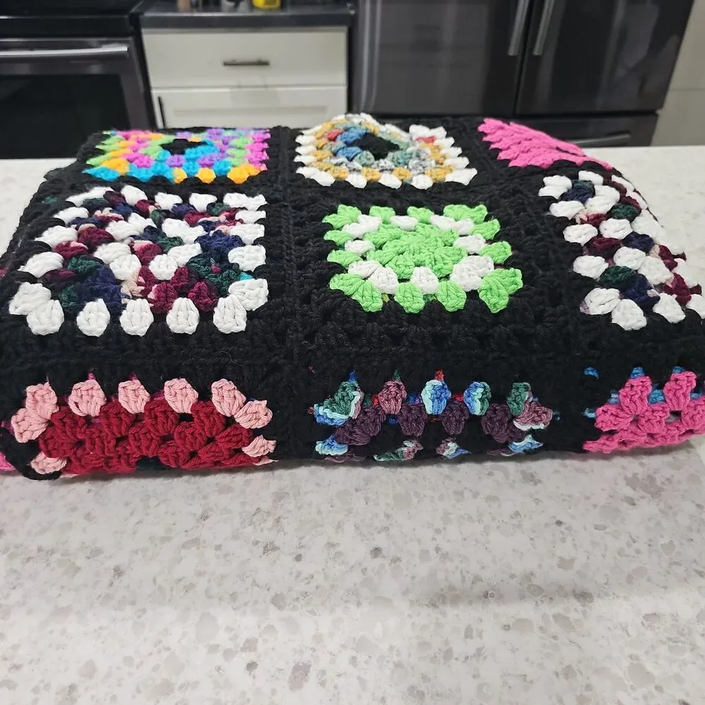 Vtg Handmade Granny Square Crochet Afghan Cottage Core 100